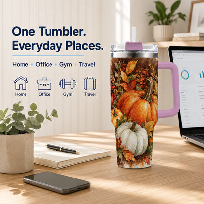 #pl[40oz|Pink] Autumn Pumpkin Harvest 40oz Tumbler with Handle, Fall Travel Cup