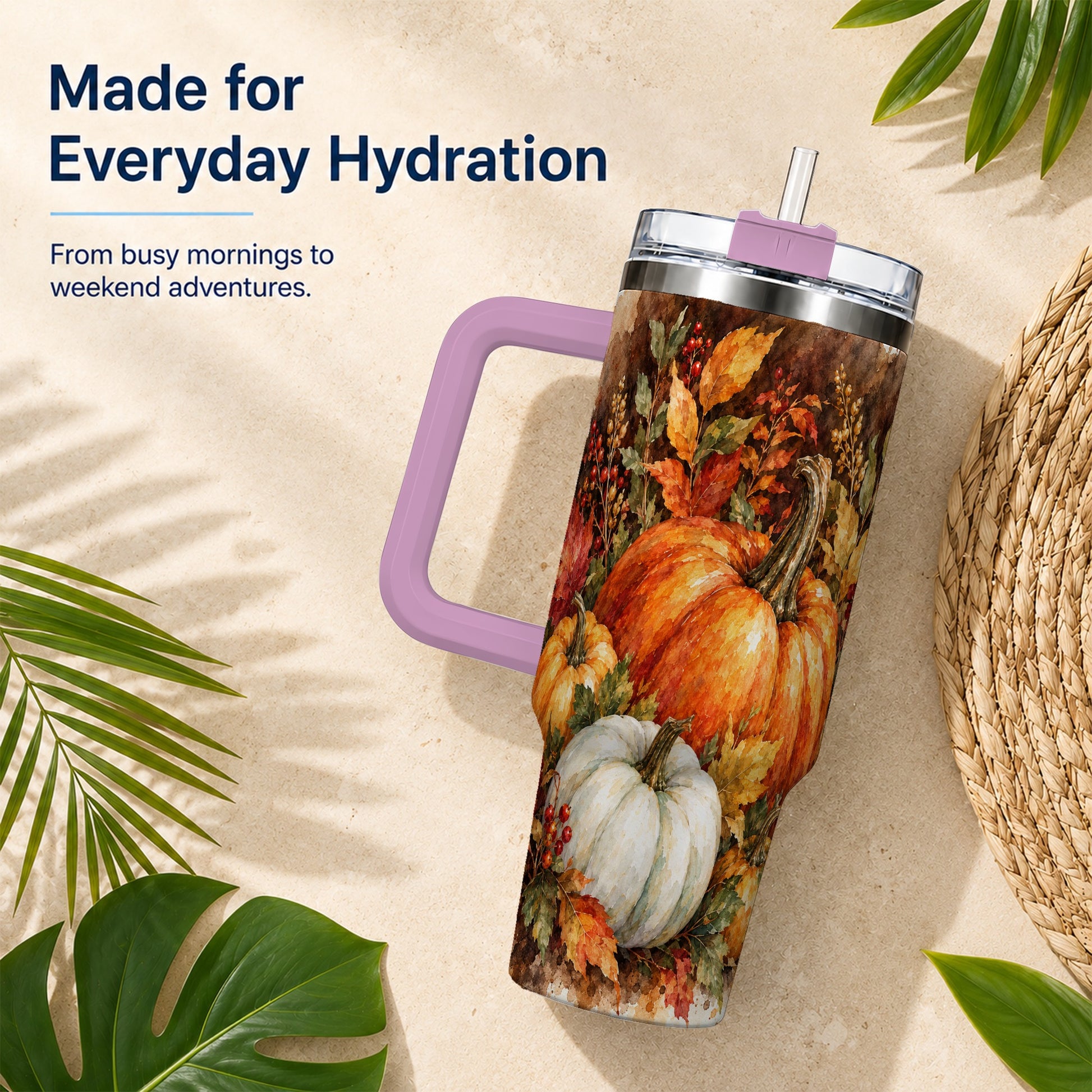 #pl[40oz|Pink] Autumn Pumpkin Harvest 40oz Tumbler with Handle, Fall Travel Cup