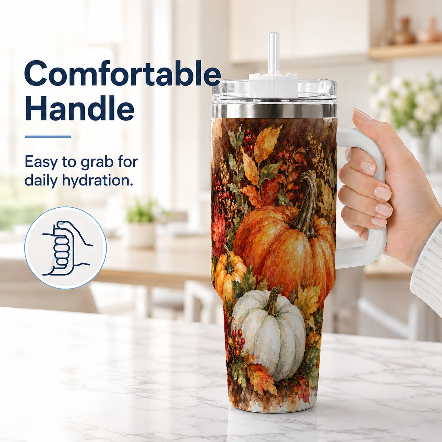 #pl[40oz|White] Autumn Pumpkin Harvest 40oz Tumbler with Handle, Fall Travel Cup