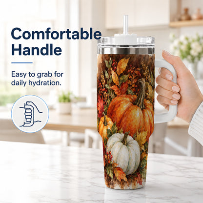 #pl[40oz|White] Autumn Pumpkin Harvest 40oz Tumbler with Handle, Fall Travel Cup