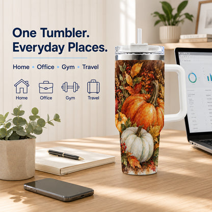 #pl[40oz|White] Autumn Pumpkin Harvest 40oz Tumbler with Handle, Fall Travel Cup
