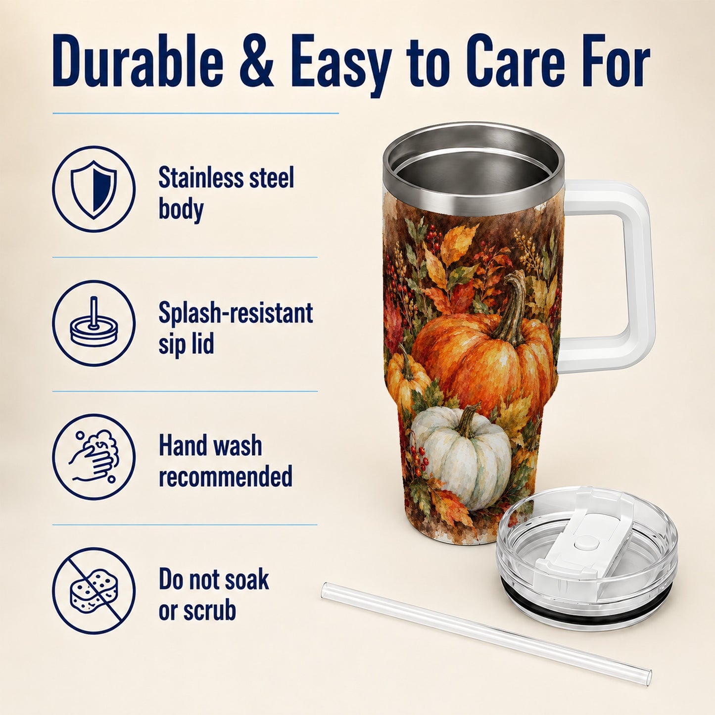 #pl[40oz|White] Autumn Pumpkin Harvest 40oz Tumbler with Handle, Fall Travel Cup