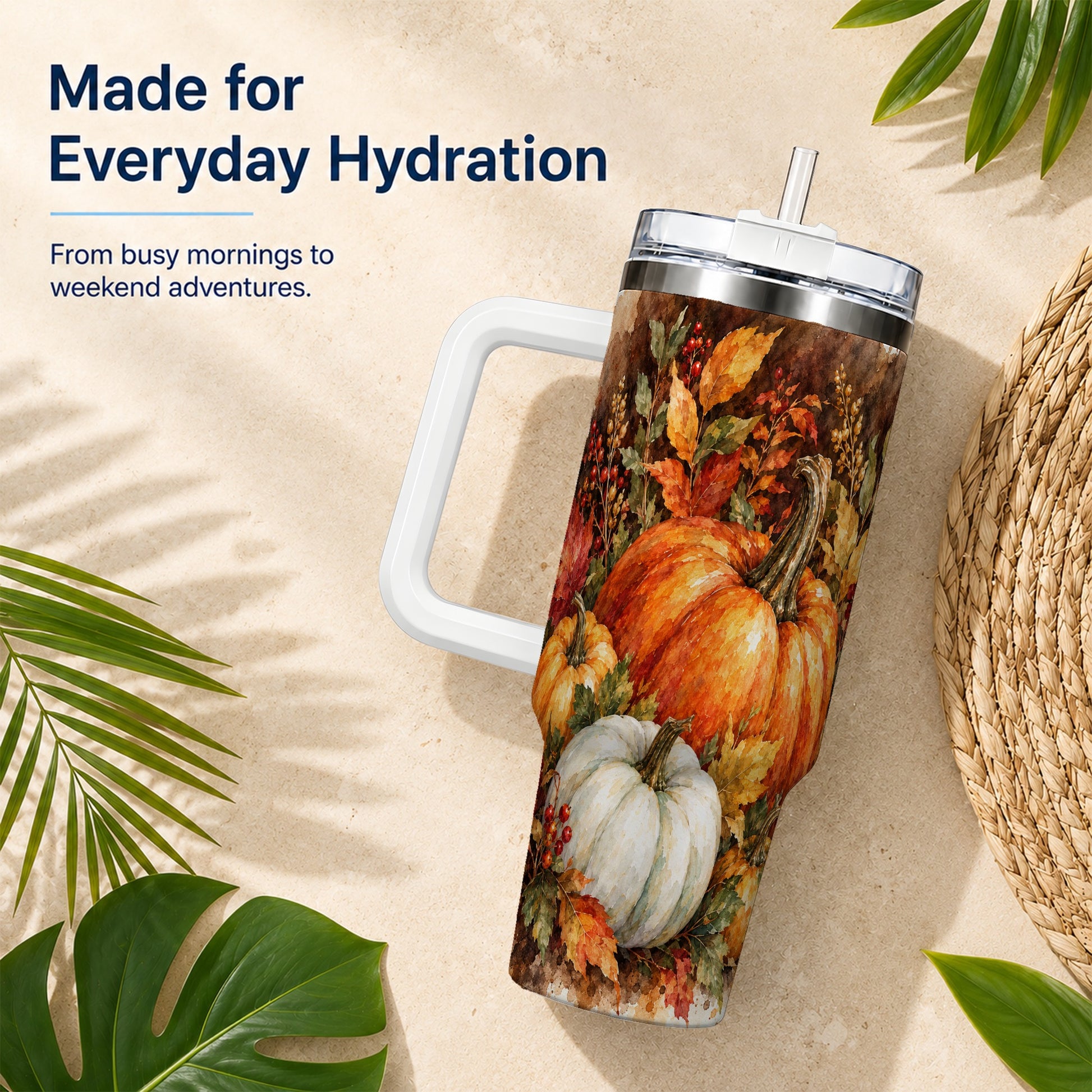 #pl[40oz|White] Autumn Pumpkin Harvest 40oz Tumbler with Handle, Fall Travel Cup