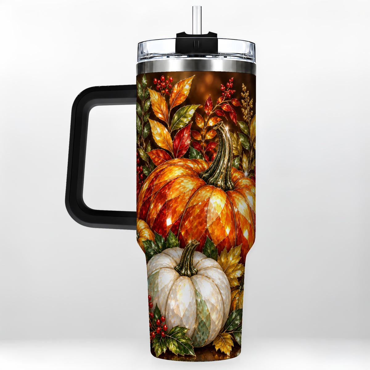 #pl[40oz|Black] Pumpkin 40oz Tumbler with Handle, Harvest Stainless Steel Travel Cup