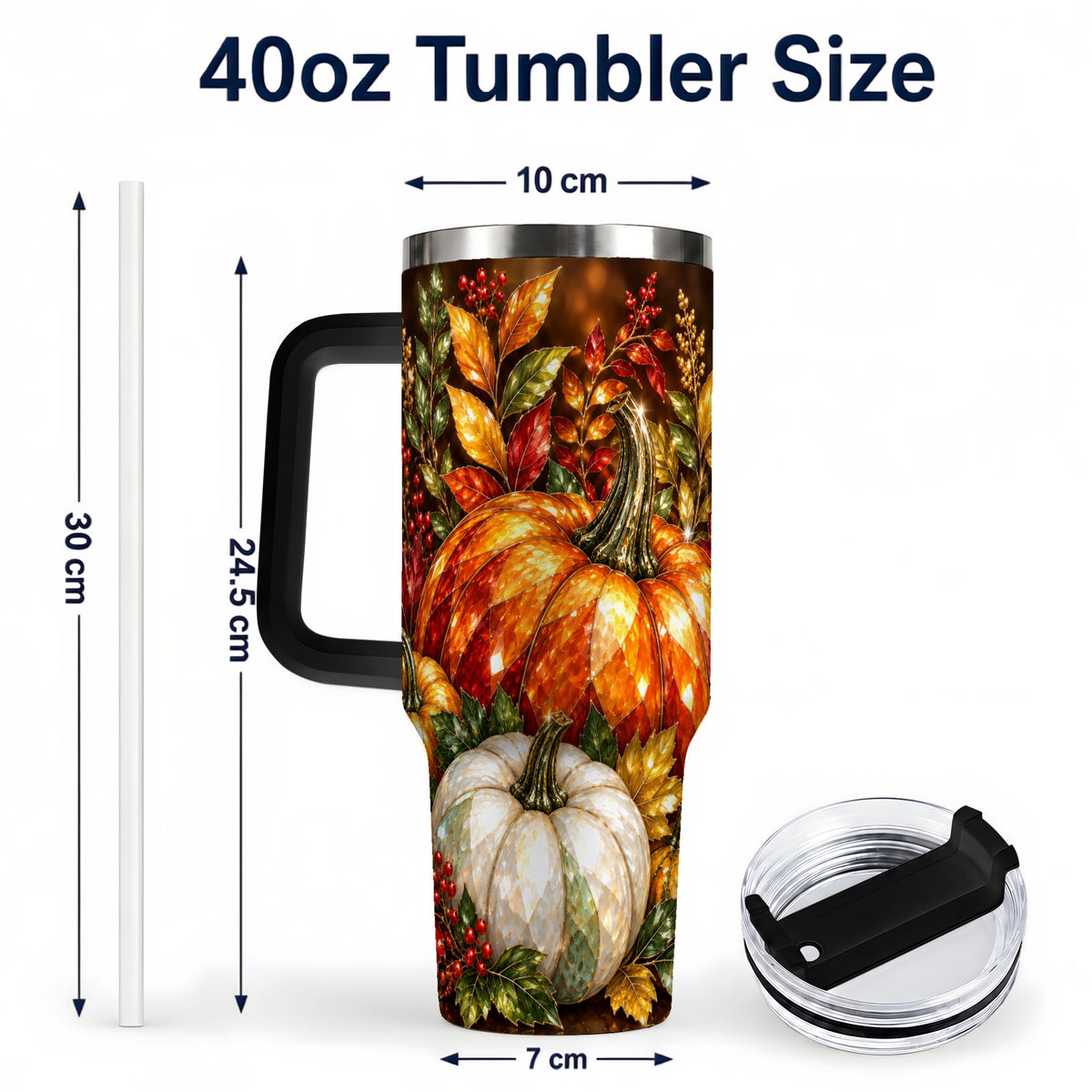 #pl[40oz|Black] Pumpkin 40oz Tumbler with Handle, Harvest Stainless Steel Travel Cup