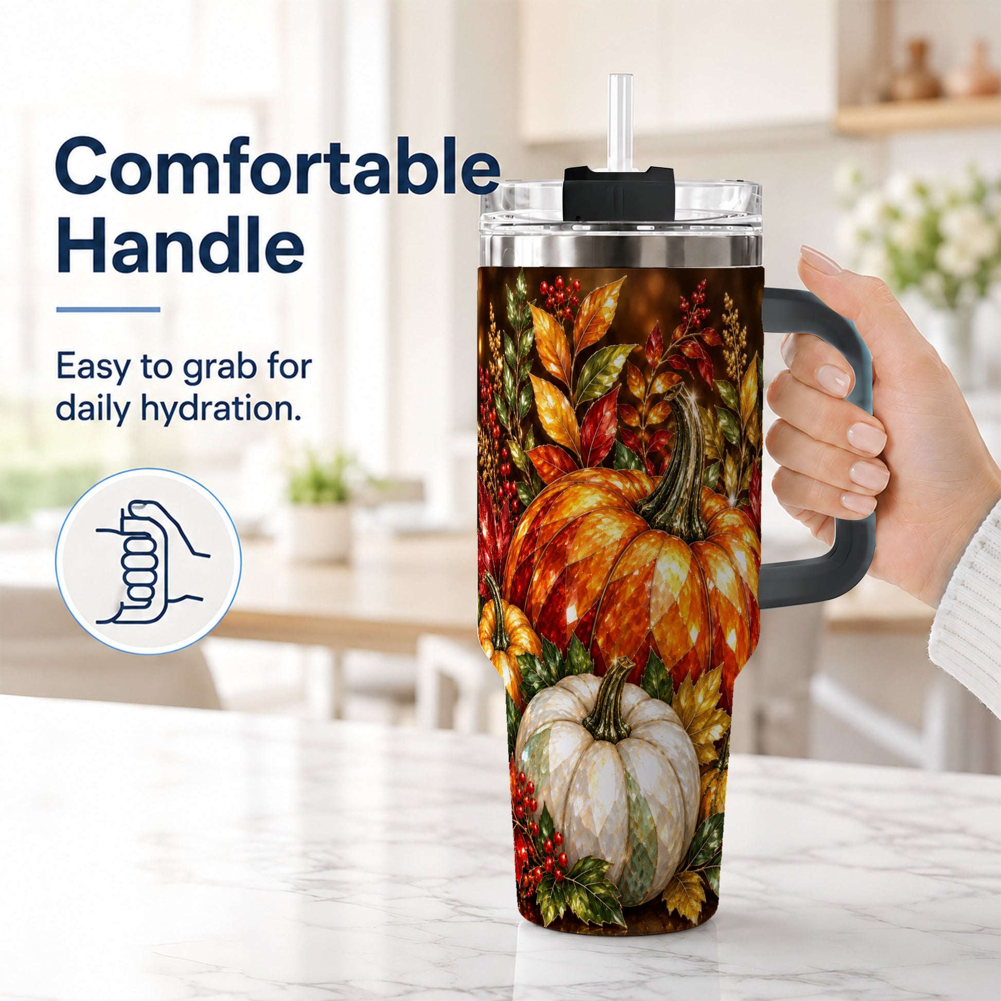 #pl[40oz|Black] Pumpkin 40oz Tumbler with Handle, Harvest Stainless Steel Travel Cup
