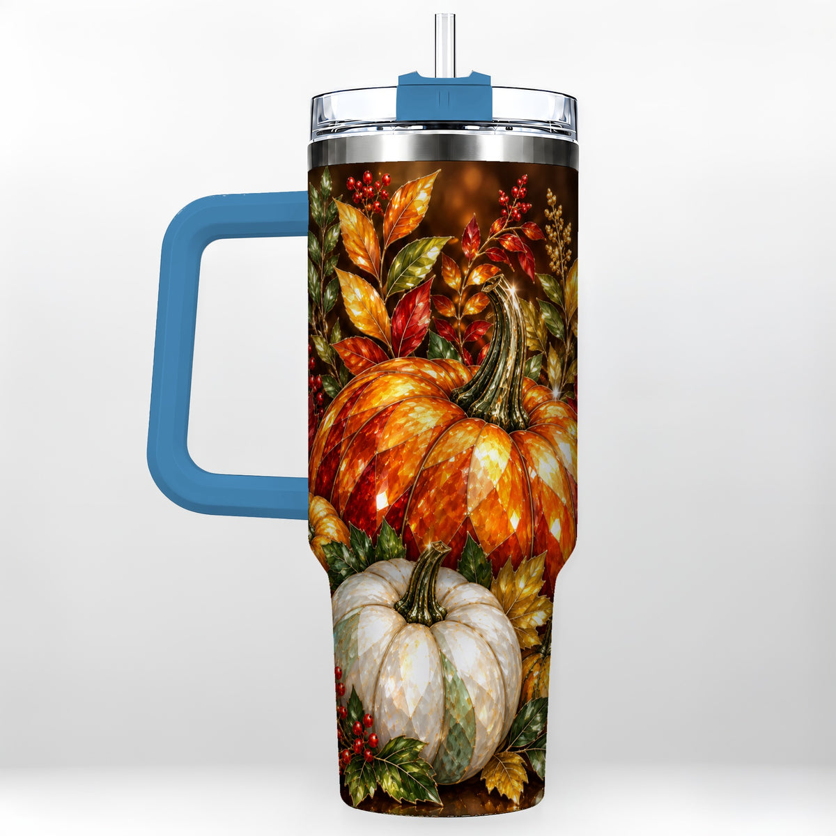 #pl[40oz|Blue] Pumpkin 40oz Tumbler with Handle, Harvest Stainless Steel Travel Cup