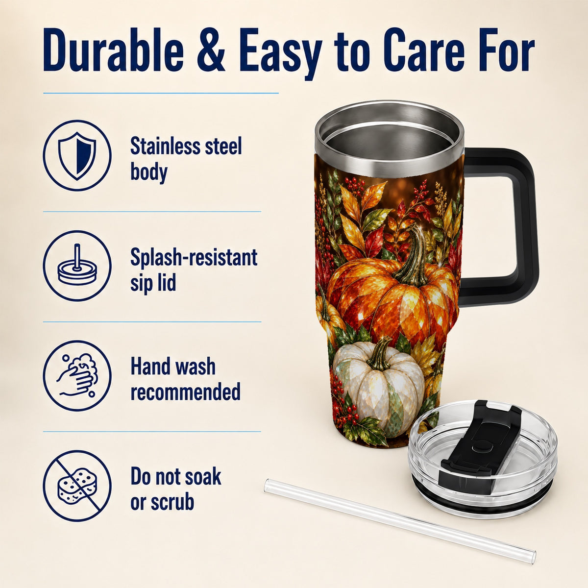#pl[40oz|Black] Pumpkin 40oz Tumbler with Handle, Harvest Stainless Steel Travel Cup