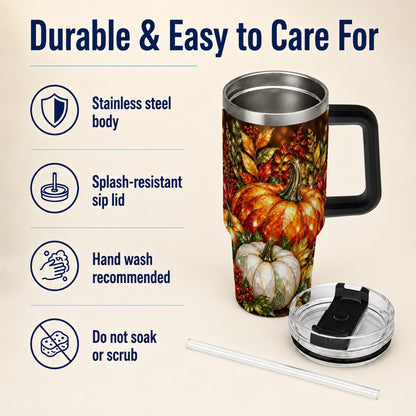 #pl[40oz|Black] Pumpkin 40oz Tumbler with Handle, Harvest Stainless Steel Travel Cup