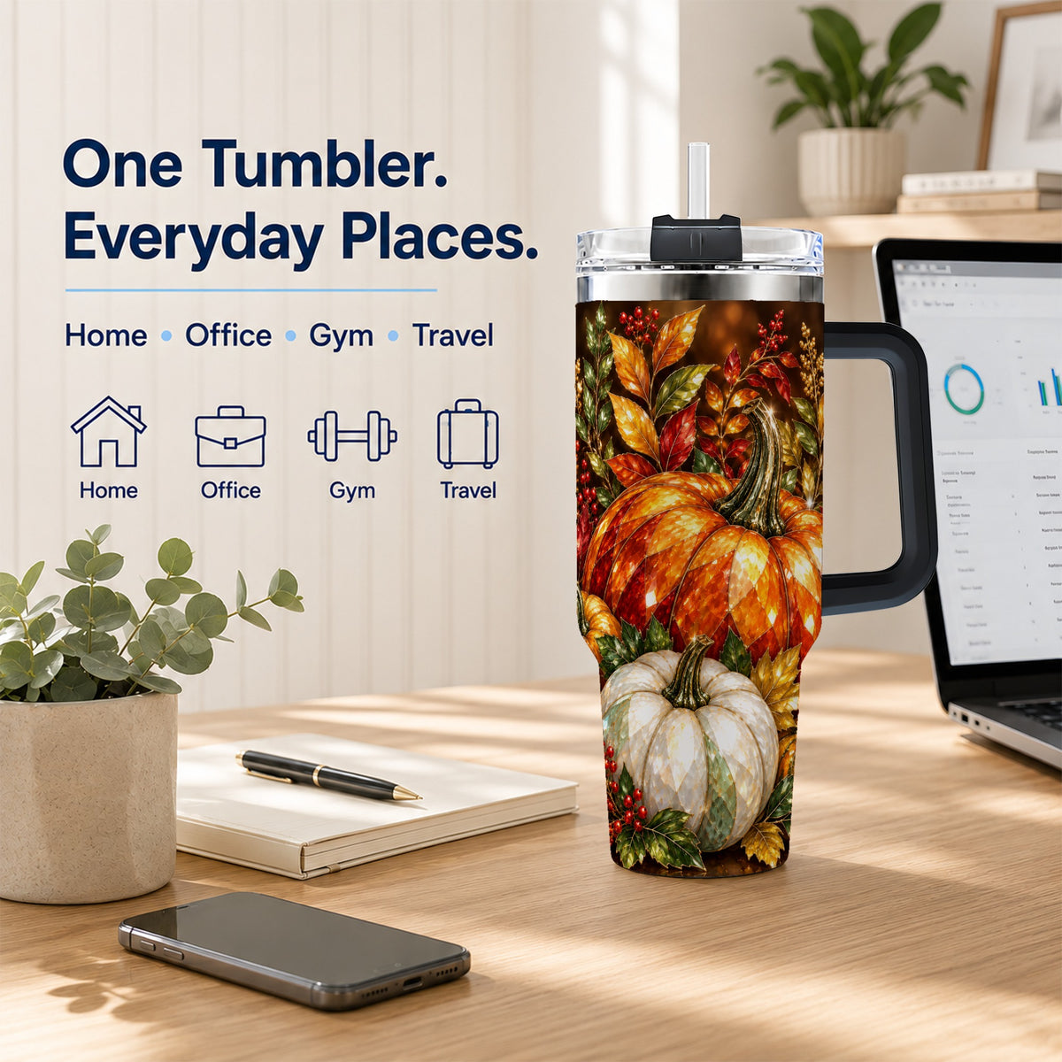 #pl[40oz|Black] Pumpkin 40oz Tumbler with Handle, Harvest Stainless Steel Travel Cup