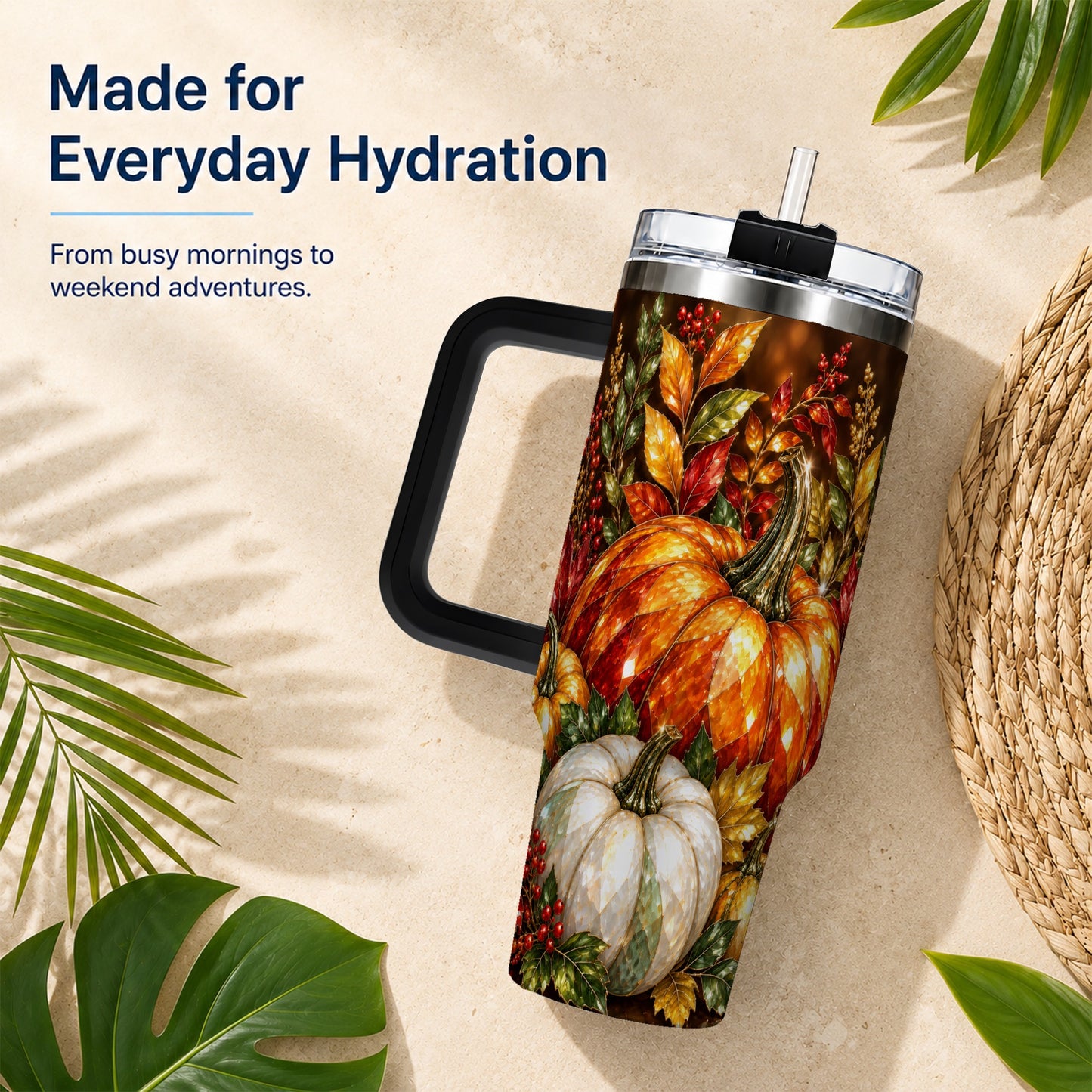 #pl[40oz|Black] Pumpkin 40oz Tumbler with Handle, Harvest Stainless Steel Travel Cup