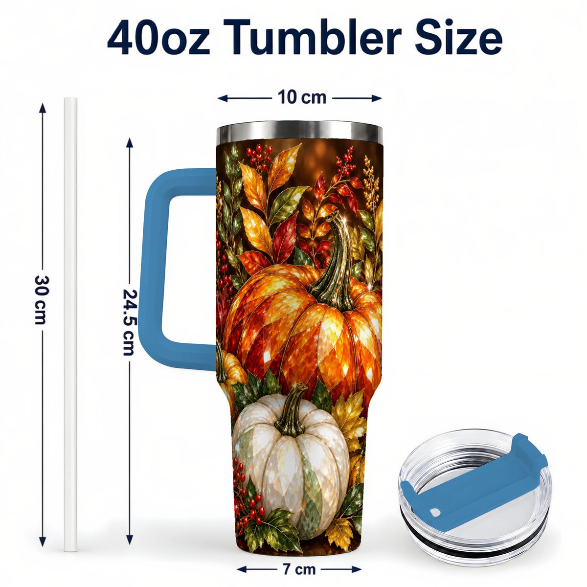 #pl[40oz|Blue] Pumpkin 40oz Tumbler with Handle, Harvest Stainless Steel Travel Cup