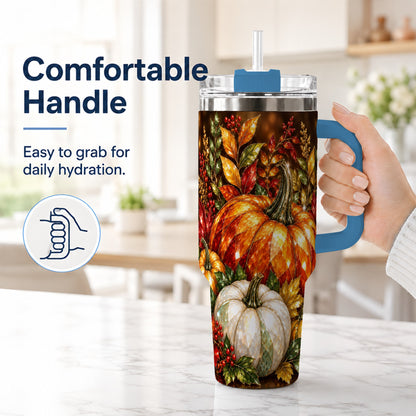 #pl[40oz|Blue] Pumpkin 40oz Tumbler with Handle, Harvest Stainless Steel Travel Cup