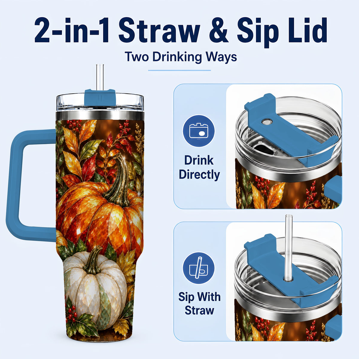#pl[40oz|Blue] Pumpkin 40oz Tumbler with Handle, Harvest Stainless Steel Travel Cup