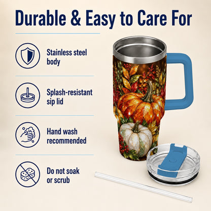 #pl[40oz|Blue] Pumpkin 40oz Tumbler with Handle, Harvest Stainless Steel Travel Cup