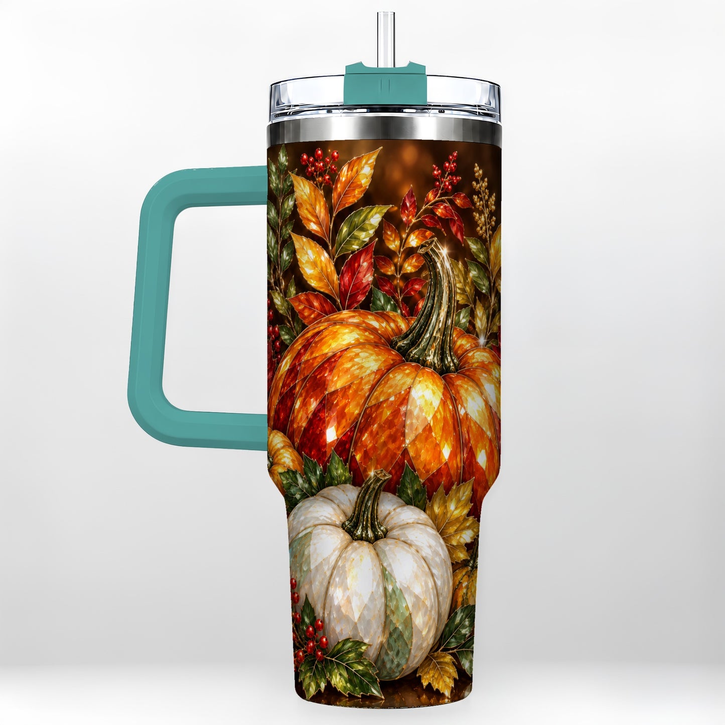 #pl[40oz|Green] Pumpkin 40oz Tumbler with Handle, Harvest Stainless Steel Travel Cup