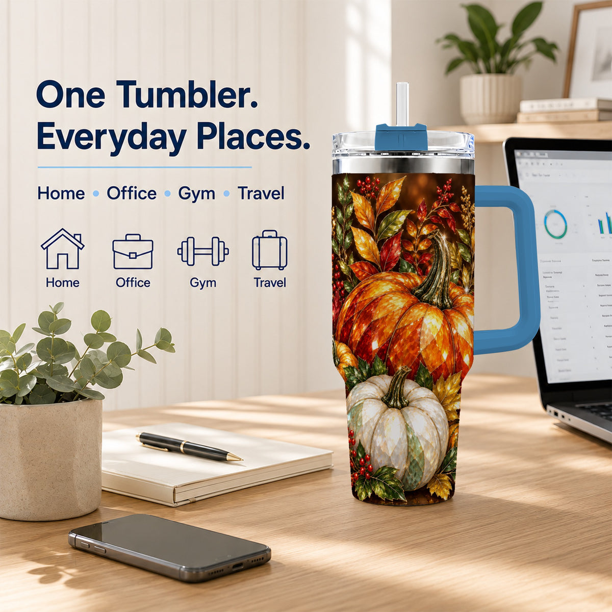#pl[40oz|Blue] Pumpkin 40oz Tumbler with Handle, Harvest Stainless Steel Travel Cup