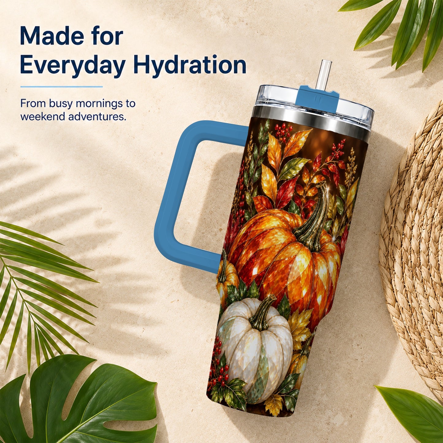 #pl[40oz|Blue] Pumpkin 40oz Tumbler with Handle, Harvest Stainless Steel Travel Cup