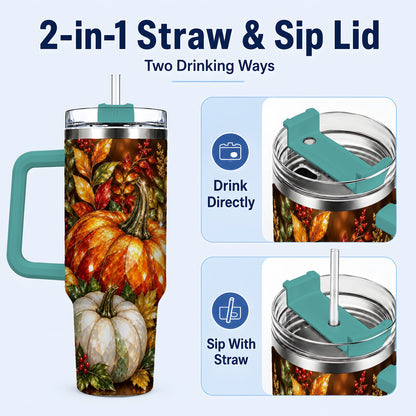 #pl[40oz|Green] Pumpkin 40oz Tumbler with Handle, Harvest Stainless Steel Travel Cup