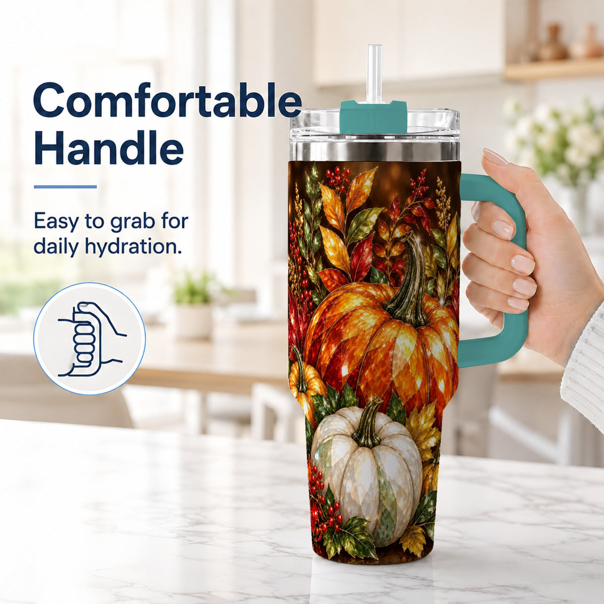 #pl[40oz|Green] Pumpkin 40oz Tumbler with Handle, Harvest Stainless Steel Travel Cup