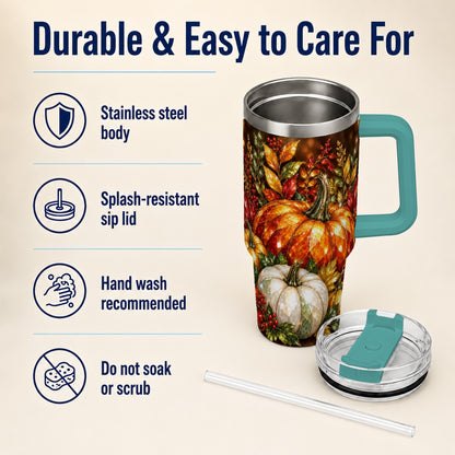 #pl[40oz|Green] Pumpkin 40oz Tumbler with Handle, Harvest Stainless Steel Travel Cup