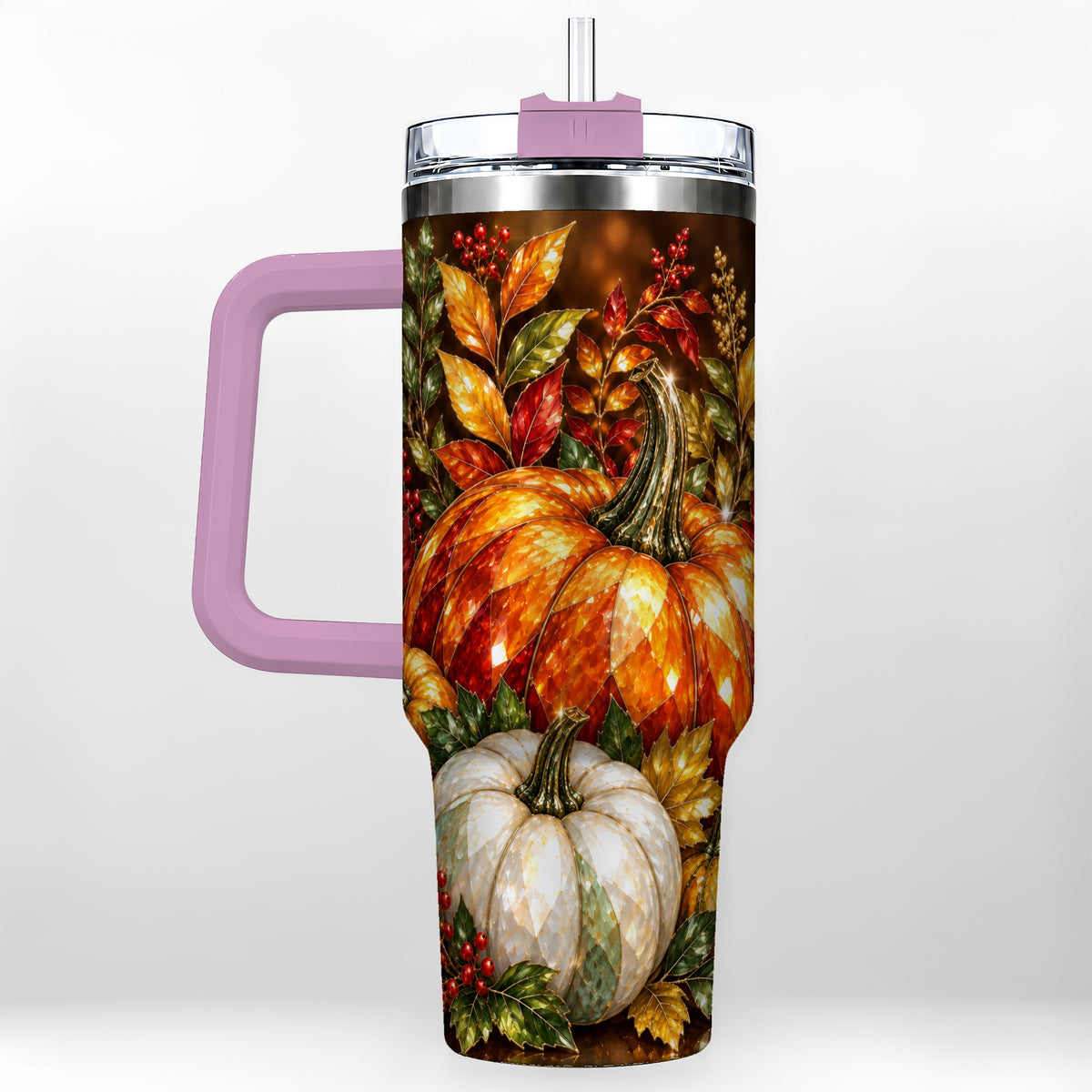 #pl[40oz|Pink] Pumpkin 40oz Tumbler with Handle, Harvest Stainless Steel Travel Cup