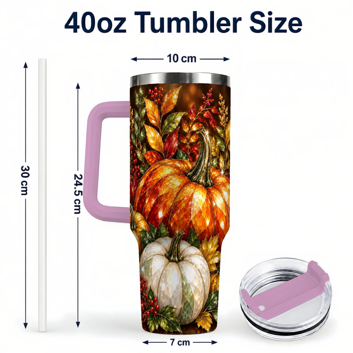 #pl[40oz|Pink] Pumpkin 40oz Tumbler with Handle, Harvest Stainless Steel Travel Cup
