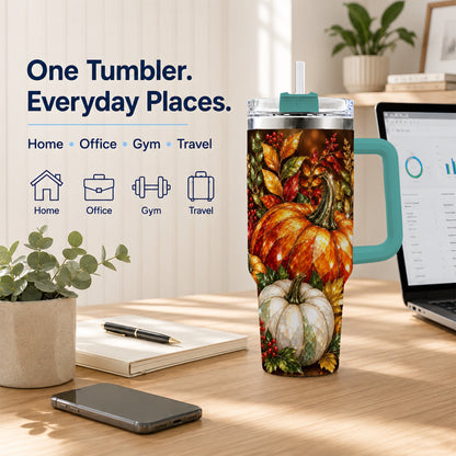 #pl[40oz|Green] Pumpkin 40oz Tumbler with Handle, Harvest Stainless Steel Travel Cup