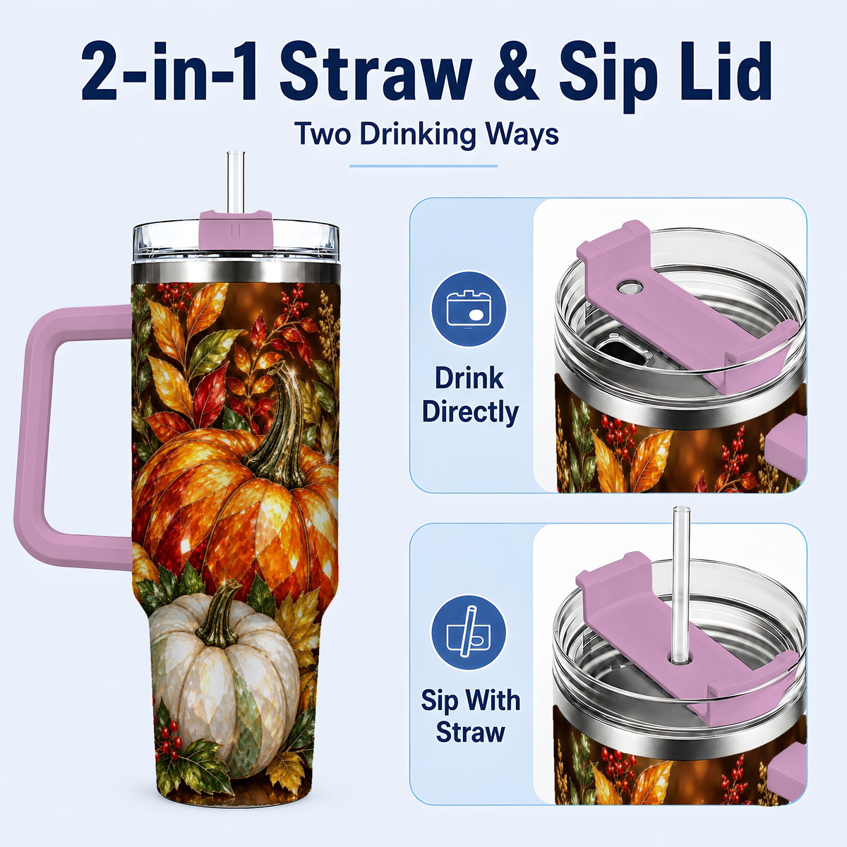 #pl[40oz|Pink] Pumpkin 40oz Tumbler with Handle, Harvest Stainless Steel Travel Cup