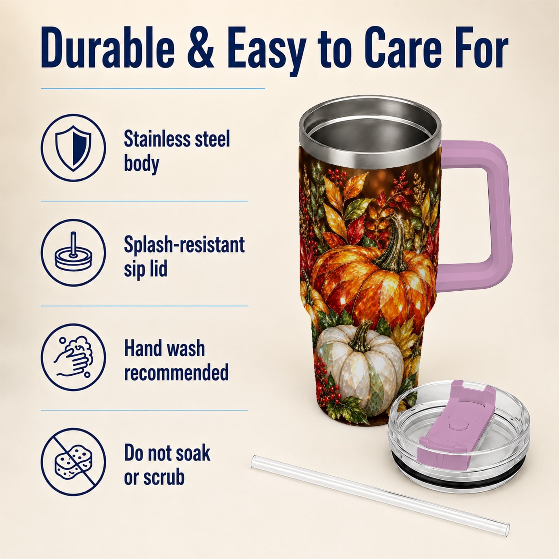 #pl[40oz|Pink] Pumpkin 40oz Tumbler with Handle, Harvest Stainless Steel Travel Cup