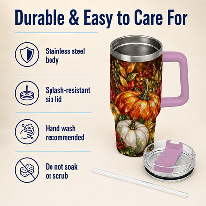 #pl[40oz|Pink] Pumpkin 40oz Tumbler with Handle, Harvest Stainless Steel Travel Cup