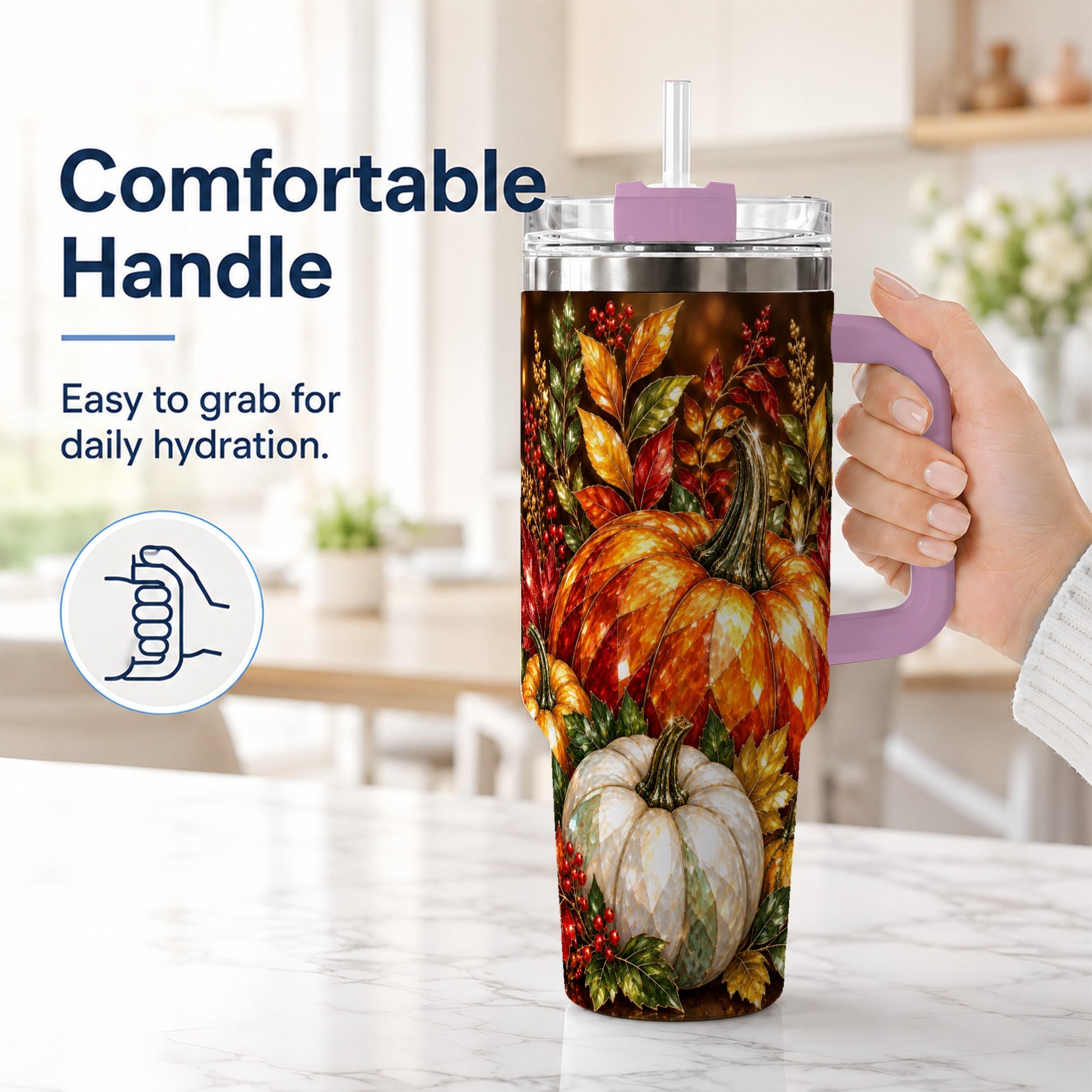 #pl[40oz|Pink] Pumpkin 40oz Tumbler with Handle, Harvest Stainless Steel Travel Cup
