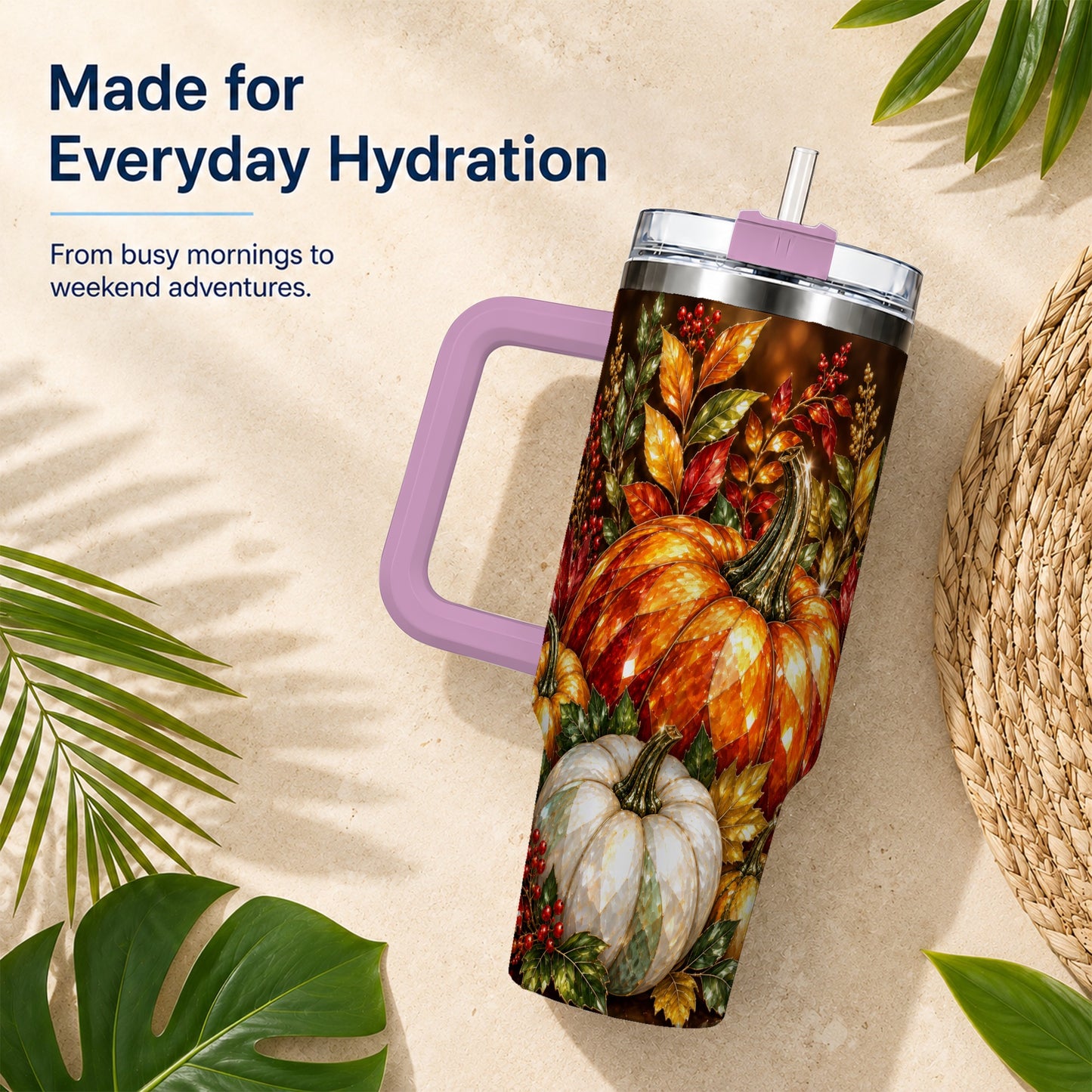 #pl[40oz|Pink] Pumpkin 40oz Tumbler with Handle, Harvest Stainless Steel Travel Cup