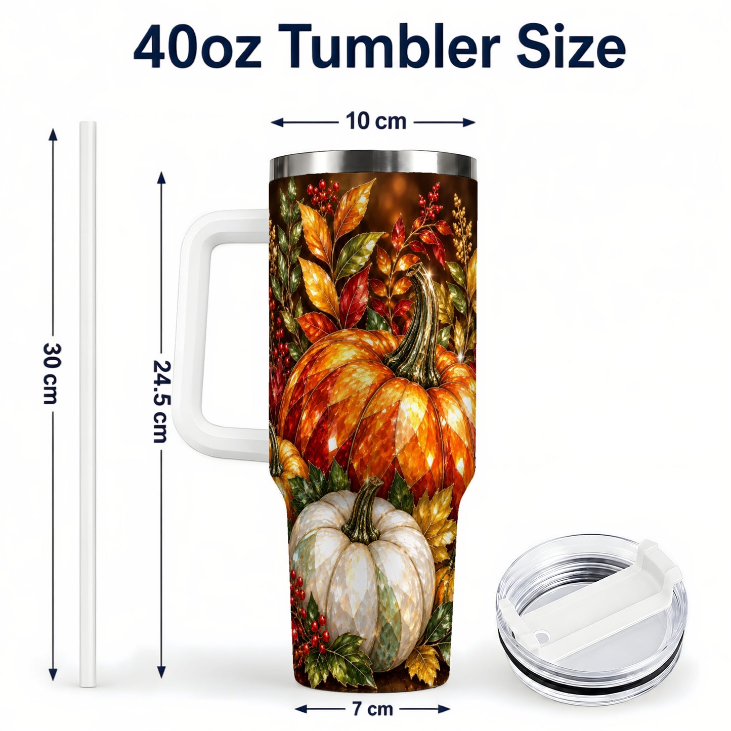 #pl[40oz|White] Pumpkin 40oz Tumbler with Handle, Harvest Stainless Steel Travel Cup
