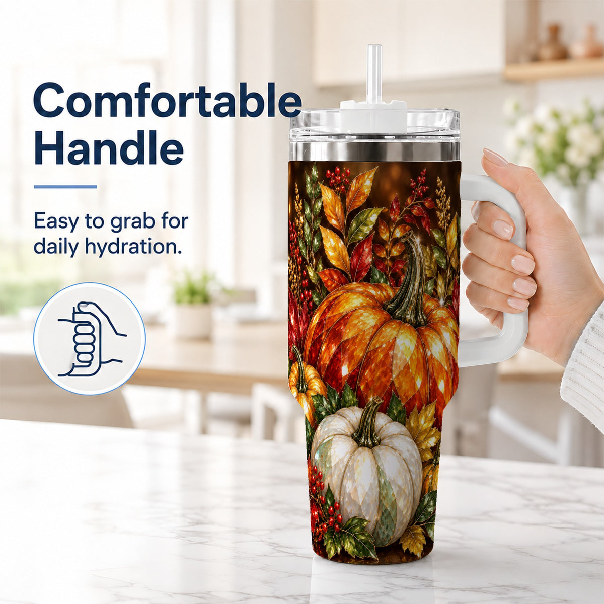 #pl[40oz|White] Pumpkin 40oz Tumbler with Handle, Harvest Stainless Steel Travel Cup