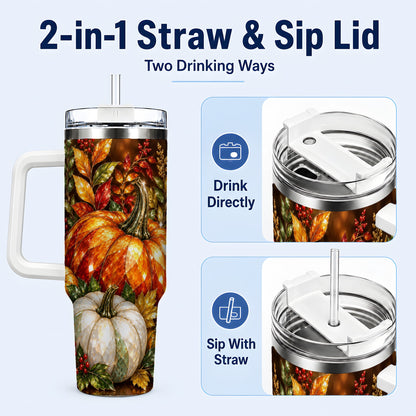 #pl[40oz|White] Pumpkin 40oz Tumbler with Handle, Harvest Stainless Steel Travel Cup