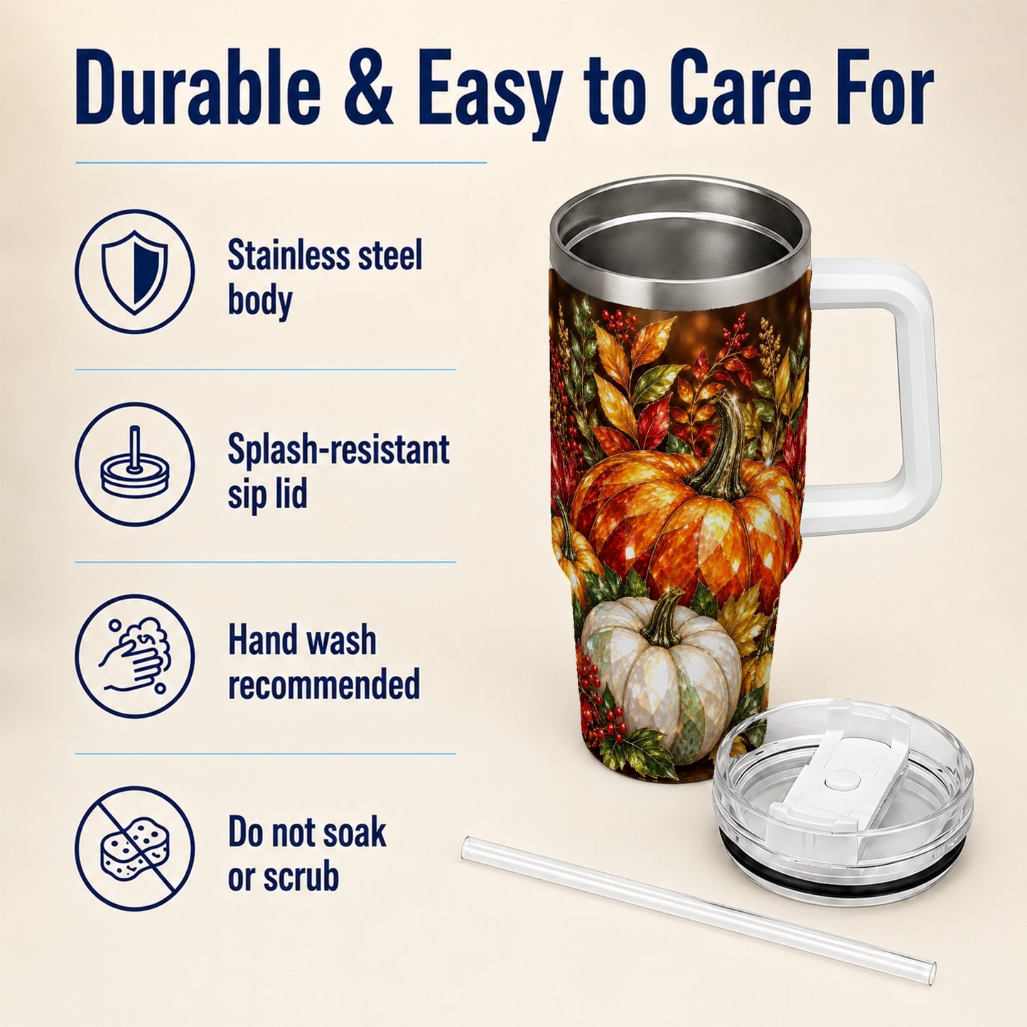 #pl[40oz|White] Pumpkin 40oz Tumbler with Handle, Harvest Stainless Steel Travel Cup