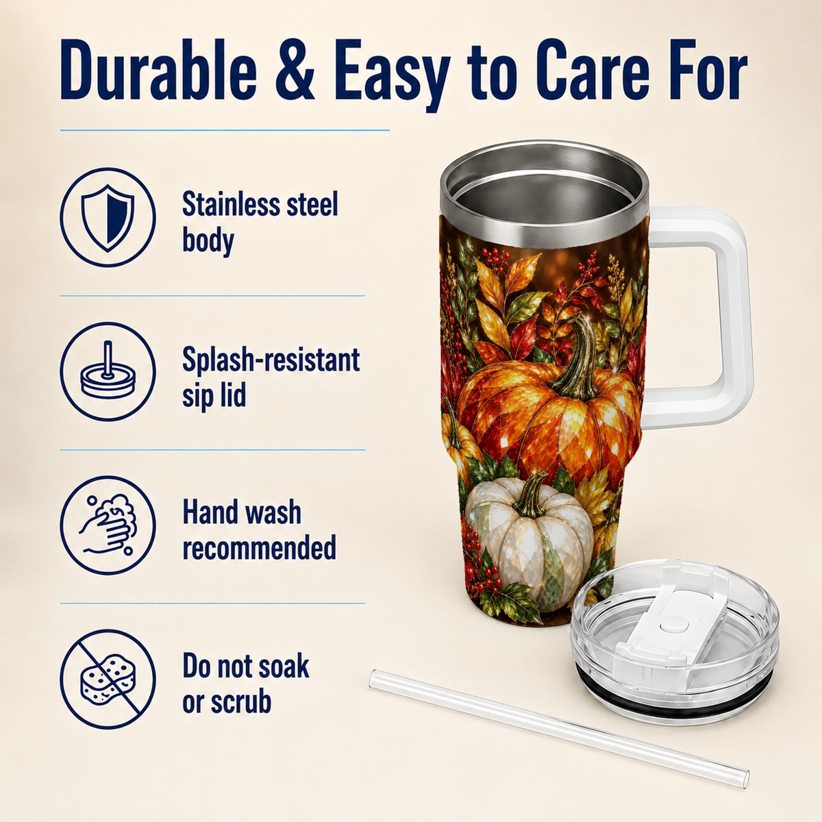 #pl[40oz|White] Pumpkin 40oz Tumbler with Handle, Harvest Stainless Steel Travel Cup