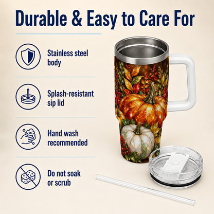 #pl[40oz|White] Pumpkin 40oz Tumbler with Handle, Harvest Stainless Steel Travel Cup