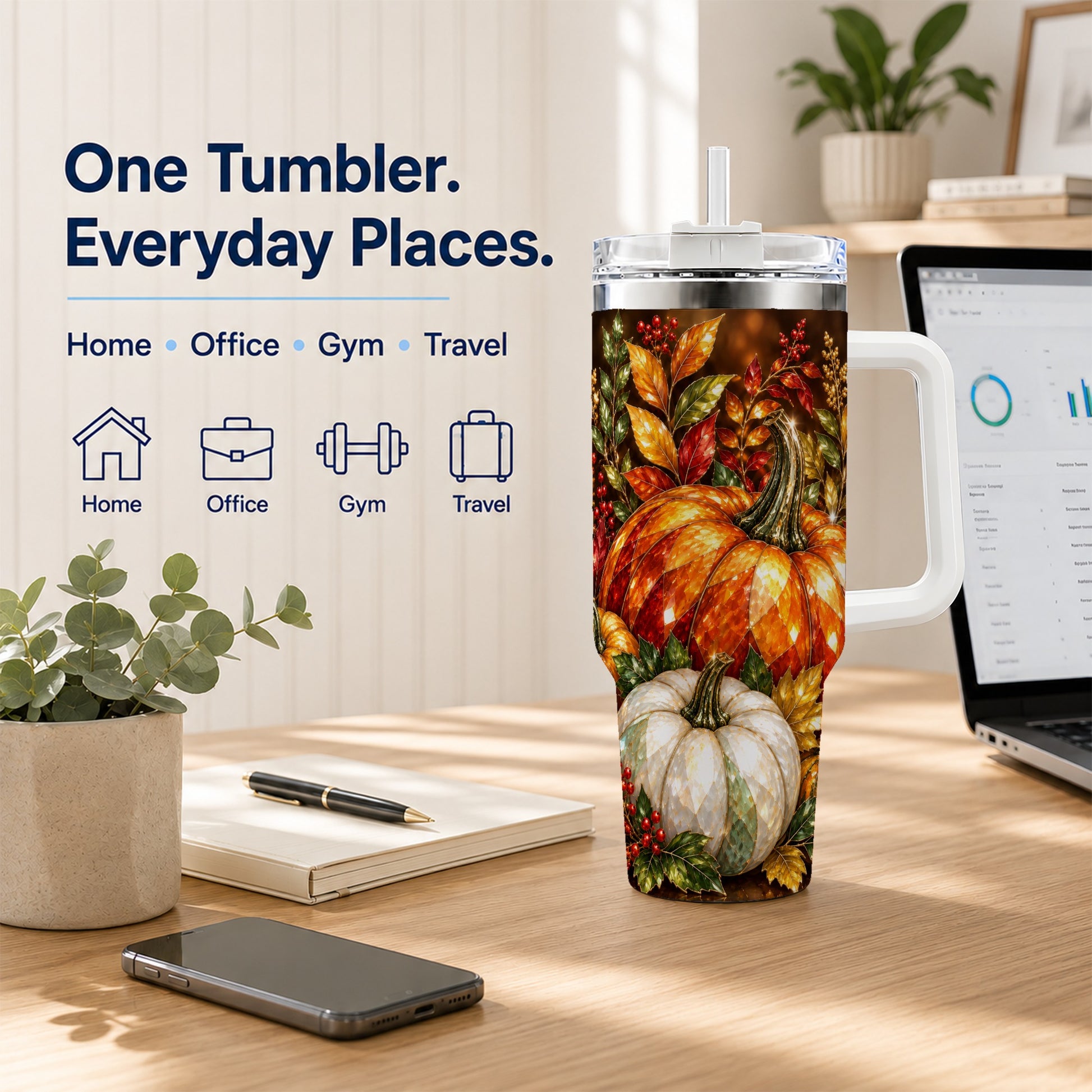#pl[40oz|White] Pumpkin 40oz Tumbler with Handle, Harvest Stainless Steel Travel Cup