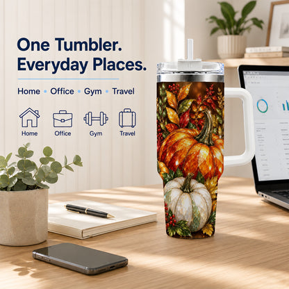 #pl[40oz|White] Pumpkin 40oz Tumbler with Handle, Harvest Stainless Steel Travel Cup