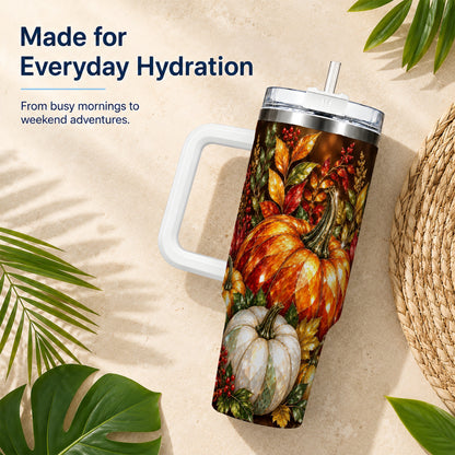 #pl[40oz|White] Pumpkin 40oz Tumbler with Handle, Harvest Stainless Steel Travel Cup