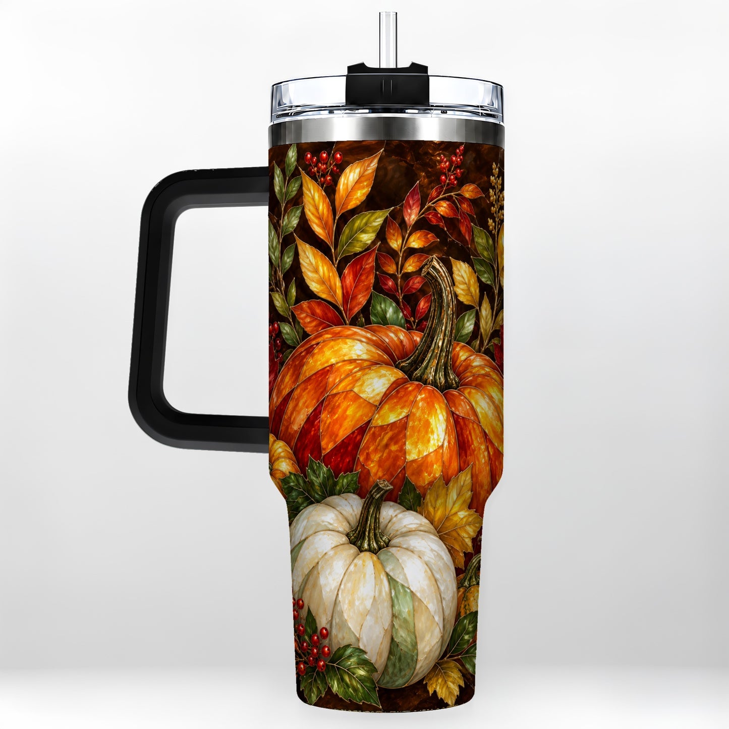 #pl[40oz|Black] Mosaic Pumpkin 40oz Tumbler with Handle, Harvest Stainless Steel Travel Cup