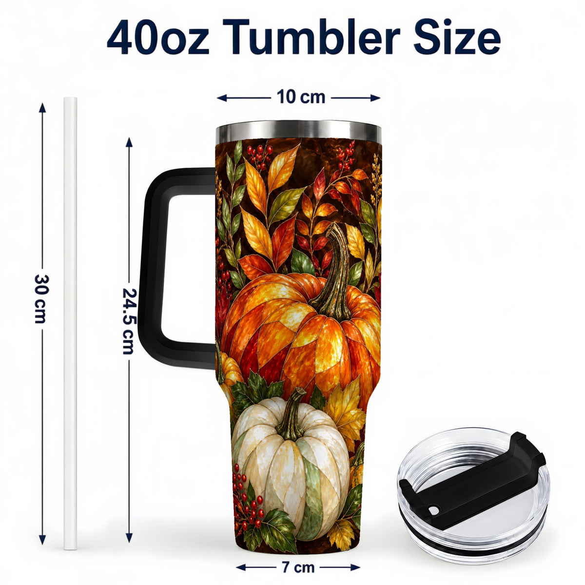 #pl[40oz|Black] Mosaic Pumpkin 40oz Tumbler with Handle, Harvest Stainless Steel Travel Cup