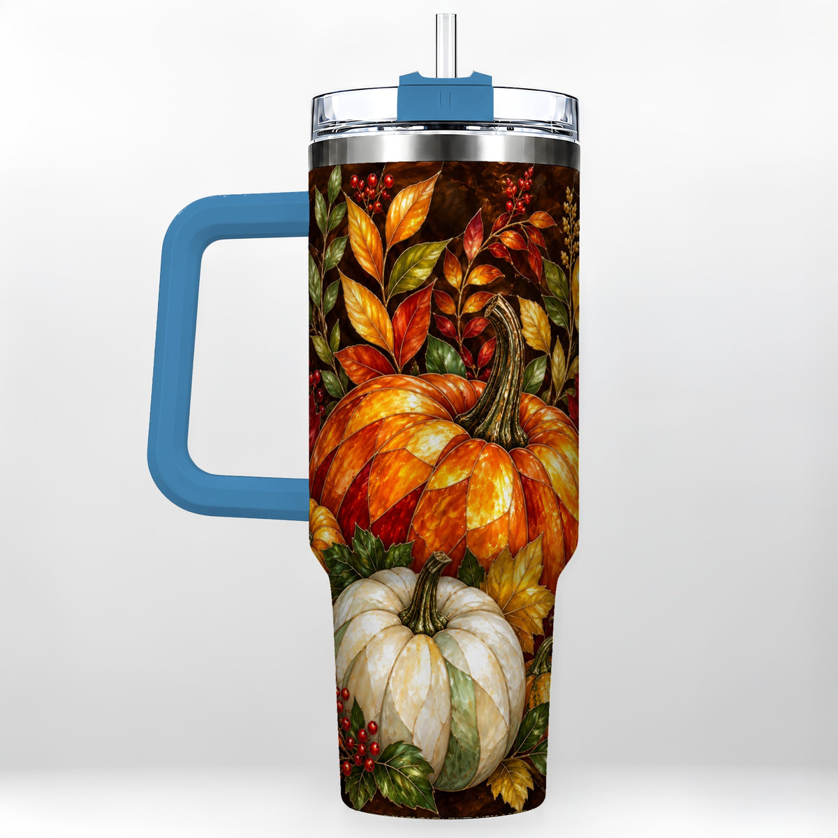 #pl[40oz|Blue] Mosaic Pumpkin 40oz Tumbler with Handle, Harvest Stainless Steel Travel Cup