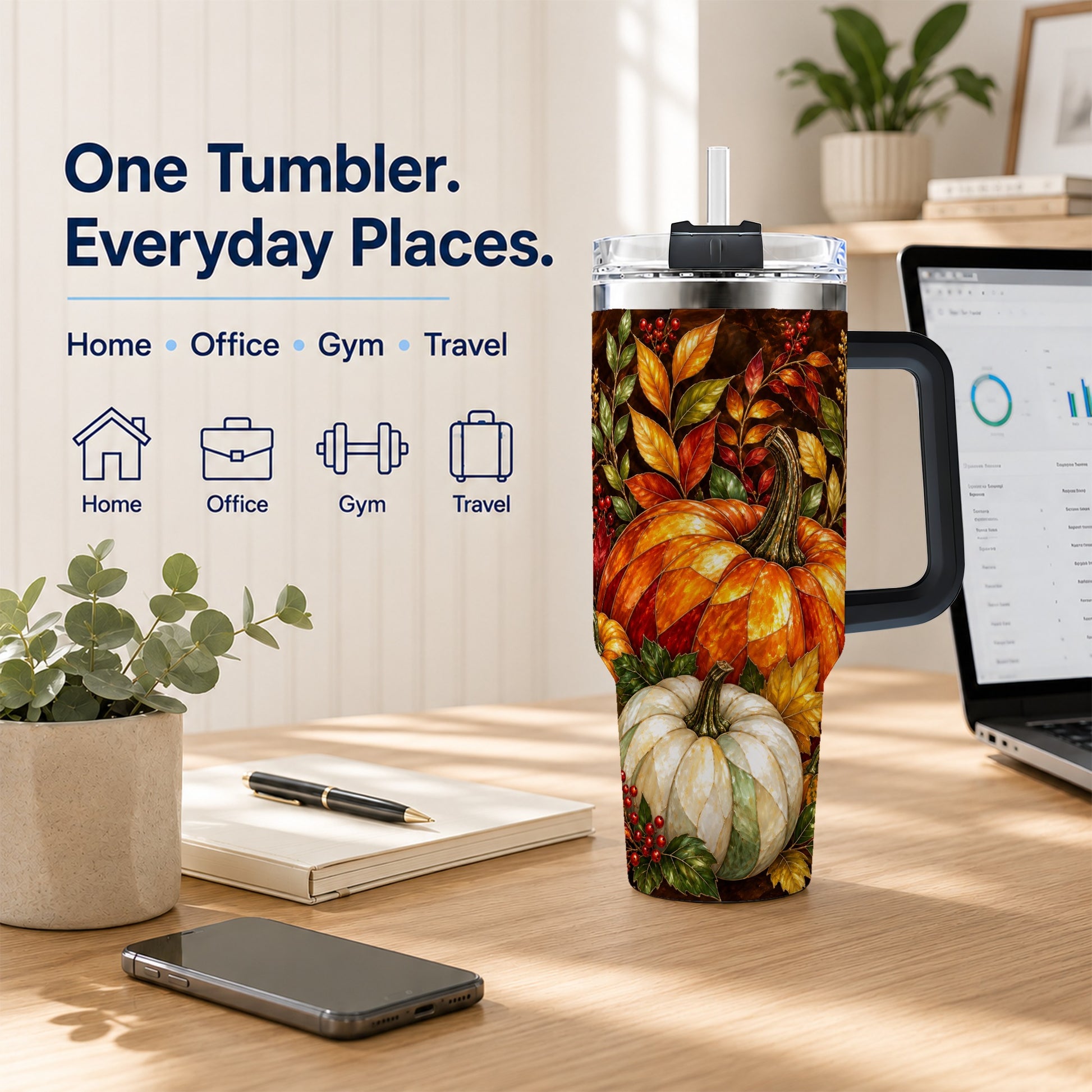 #pl[40oz|Black] Mosaic Pumpkin 40oz Tumbler with Handle, Harvest Stainless Steel Travel Cup
