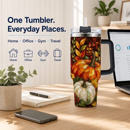 #pl[40oz|Black] Mosaic Pumpkin 40oz Tumbler with Handle, Harvest Stainless Steel Travel Cup