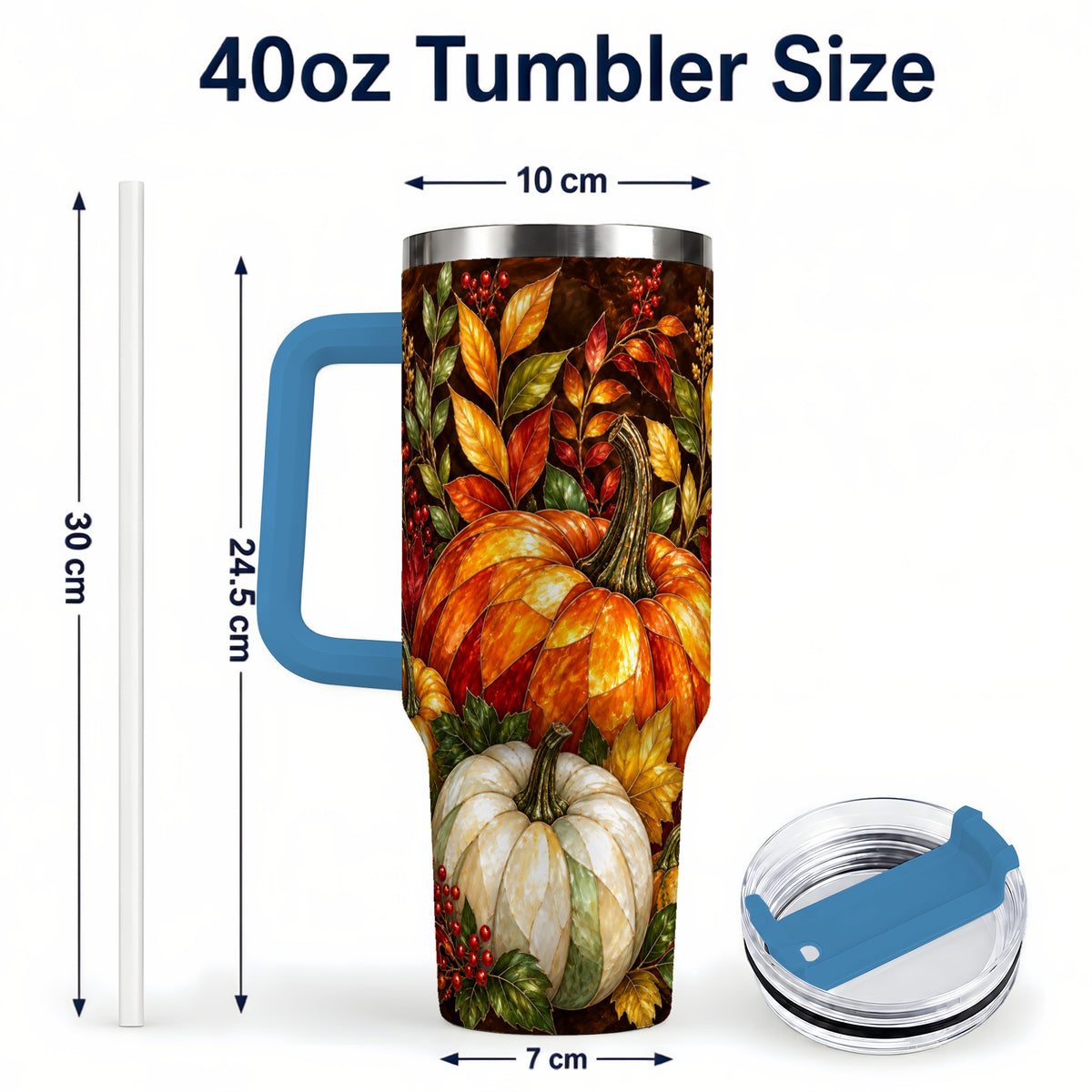 #pl[40oz|Blue] Mosaic Pumpkin 40oz Tumbler with Handle, Harvest Stainless Steel Travel Cup