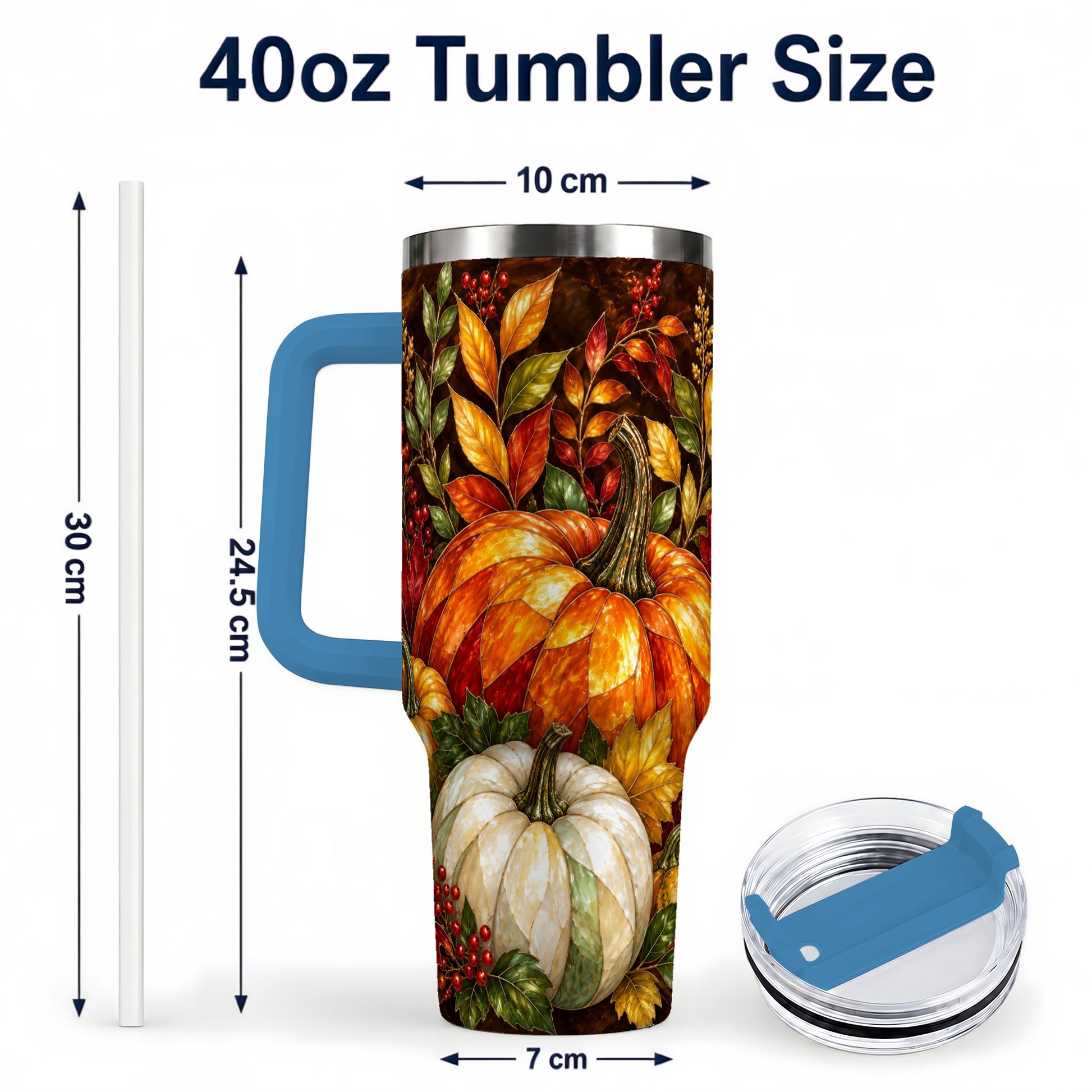 #pl[40oz|Blue] Mosaic Pumpkin 40oz Tumbler with Handle, Harvest Stainless Steel Travel Cup