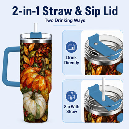 #pl[40oz|Blue] Mosaic Pumpkin 40oz Tumbler with Handle, Harvest Stainless Steel Travel Cup